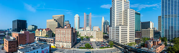 Panoramic Buildings in Downtown Columbus, Ohio Panoramic image of downtown Columbus, Ohio with the Statehouse on a clear sunny day. ohio ohio statehouse columbus state capitol building stock pictures, royalty-free photos & images