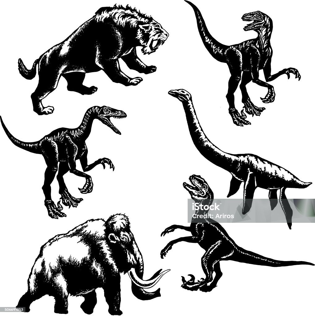 collection of prehistoric animals hand drawn, vector, sketch illustration of collection of prehistoric animals Velociraptor stock vector