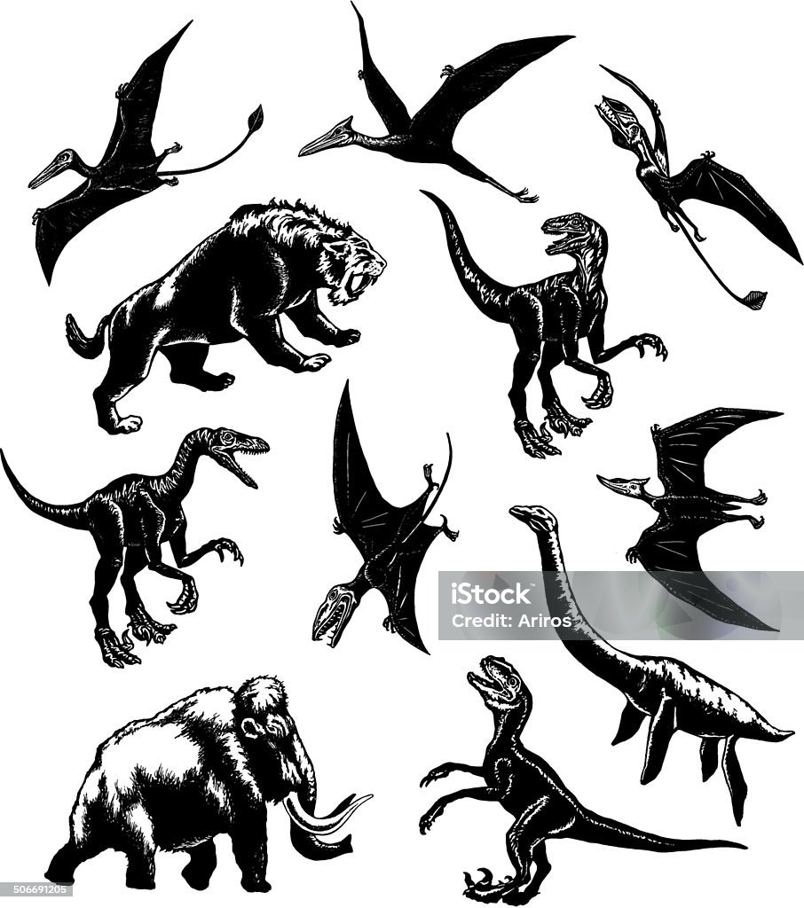 collection of prehistoric animals hand drawn, vector, sketch illustration of collection of prehistoric animals Loch Ness Monster stock vector