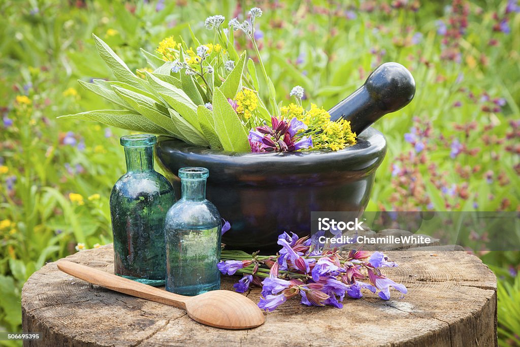 black mortar with healing herbs and sage, bottle of oil black mortar with healing herbs and sage, glass bottle of essential oil outdoors Black Color Stock Photo