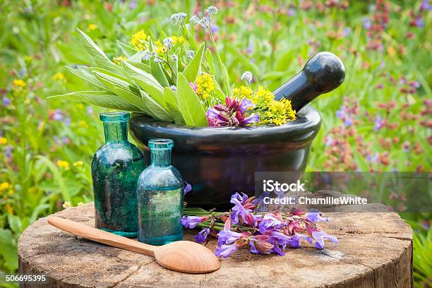 Black Mortar With Healing Herbs And Sage Bottle Of Oil Stock Photo - Download Image Now