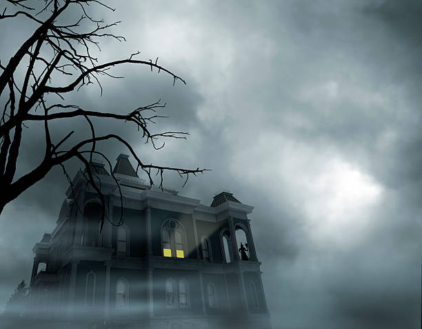 Haunted House An eery light emanating from a haunted house in front of a full moon. Witch standing watch. horror stock pictures, royalty-free photos & images