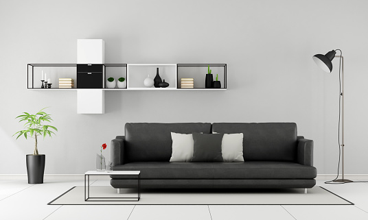Minimalist living room with black sofa and sideboard on wall - 3D Rendering