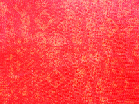 Chinese new year backgropund. Red silk fabric with text and symbols of Chinese New Year