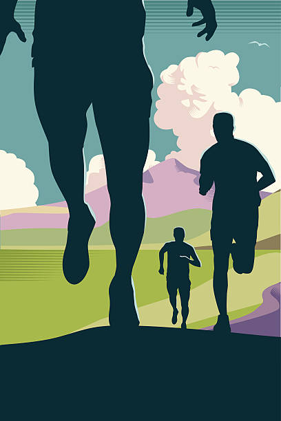 Cross country or Trail Running Landscape with runners in crosshatch style. EPS 10 file, CS5 version in zip journey silhouettes stock illustrations