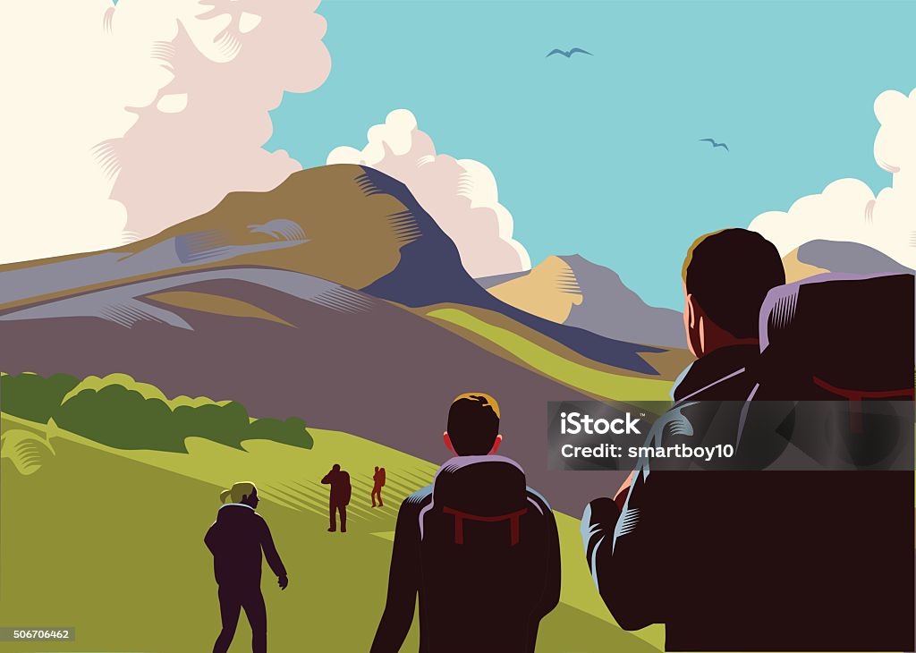 Hill walkers Landscape with hills, mountains and walkers in retro crosshatch style EPS 10 file, CS5 version in zip. Hiking stock vector