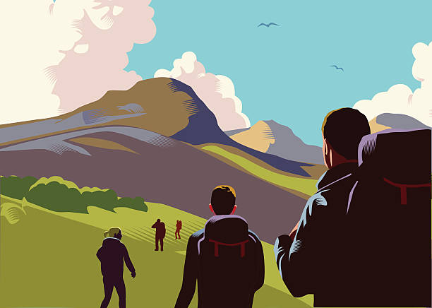 Hill walkers Landscape with hills, mountains and walkers in retro crosshatch style EPS 10 file, CS5 version in zip. journey silhouettes stock illustrations