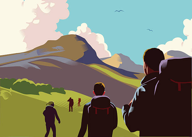 Hill walkers Landscape with hills, mountains and walkers in retro crosshatch style EPS 10 file, CS5 version in zip. person hiking stock illustrations