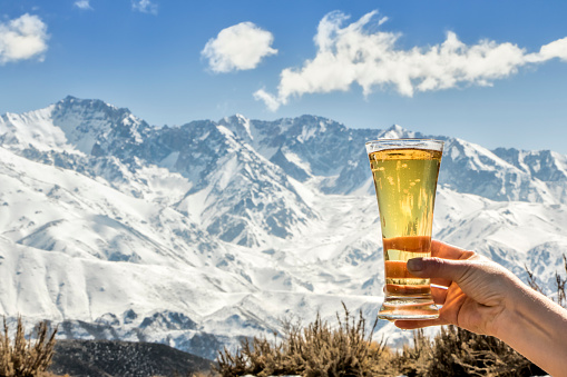 Celebration with beer at foot of the snowy Alps.