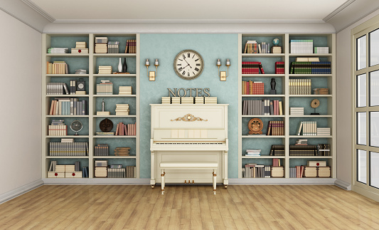 Luxury living room with large bookcase full of books  and upright  piano - 3D Rendering