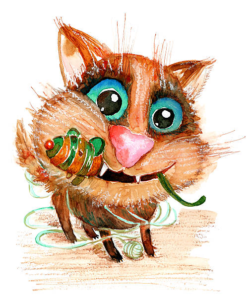 Hand drawn watercolor illustration without tracing. Funny cat with toy mouse. Ideal for postcards, gift tags and other printed stuff.