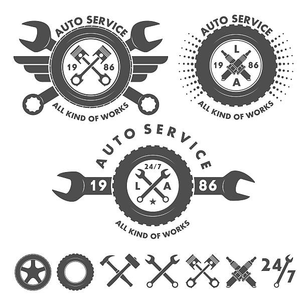 Auto service labels emblems and logo elements Auto service labels emblems and logo elements in vector car instruments stock illustrations