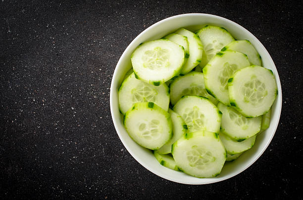 istock Cucumber slices in white bowl 506713592