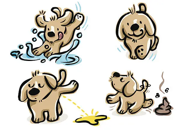 Vector illustration of Puppy walking, doing pee, poop and jumping over a puddle