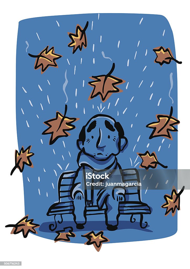 Smutny stary człowiek w deszczu jesieni - Grafika wektorowa royalty-free (Deszcz)