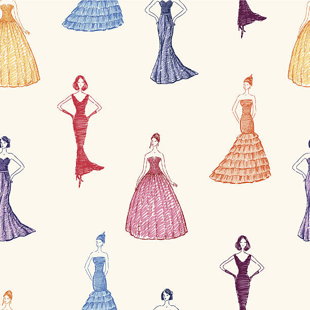 women in the evening dresses Vector pattern of the women in retro style. fashion design sketches stock illustrations
