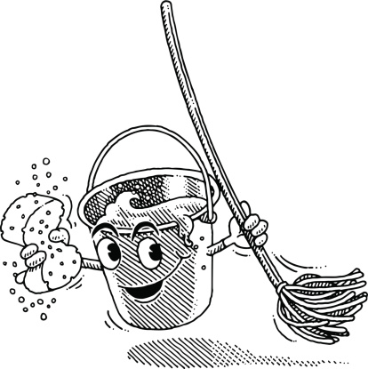 Vintage illustration of a bucket and mop.