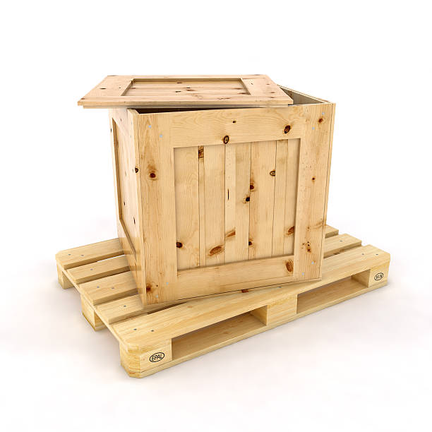 istock Open wooden box without lid on pallet. Packing signs print. 506716603
