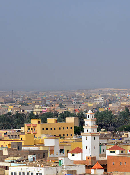 Nouakchott, Mauritania: skyline of the sprawling Mauritanian capital with the vast palm tree area of the Nouakchott gardens and the ocean in the background - photo by M.Torres