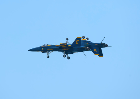 Wantagh, New York, USA - May 25, 2014: The Blue Angels fly two F/A-18 Hornet Aircraft together at the 11th Annual Jones Beach Air Show Sponsored by the Bethpage Federal Credit Union.