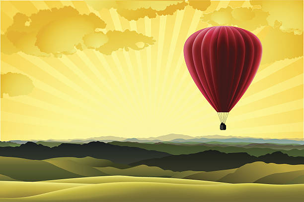 ilustraciones, imágenes clip art, dibujos animados e iconos de stock de paisaje de montaña con red globo aerostático - retro fish day sunset sunlight
