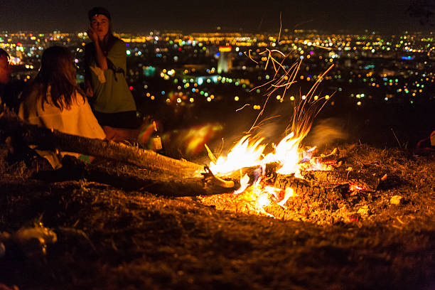 Bonfire in a camp in the mountains