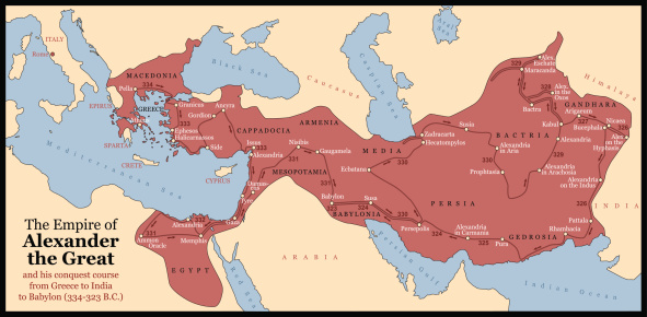 The Empire of Alexander the Great an his conquest course from Greece to India to Babylon in 334-323 B.C. with towns, provinces and year dates. Isolated vector illustration o black background.