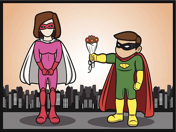 illustrazioni stock, clip art, cartoni animati e icone di tendenza di piccolo eroe in amore - mask superhero heroes men
