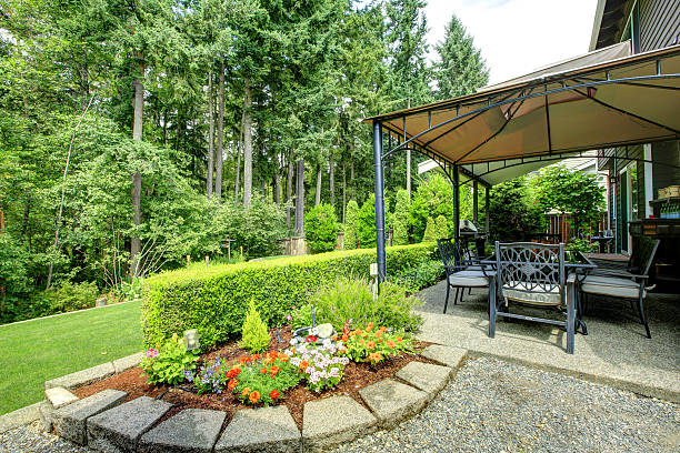 istock Backyrd gazebo with patio area 506728745