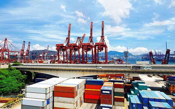 istock Port warehouse with containers and industrial cargoes 506730623