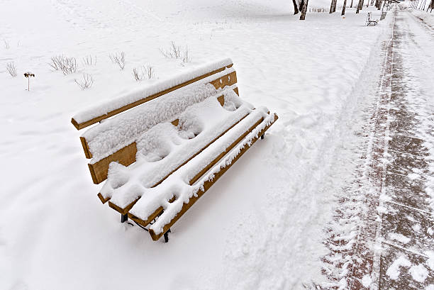 istock Lonely Bench in the Park Covered by Snow in Winter 506750064