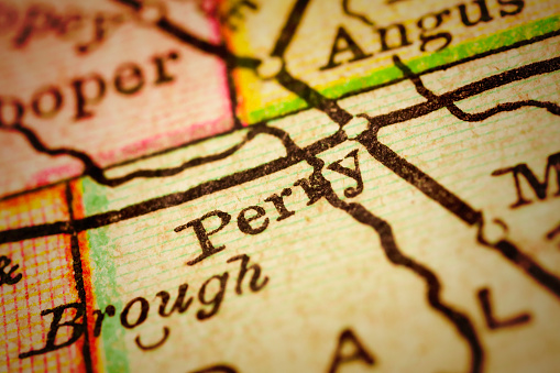Perry, Iowa on 1880's map. Selective focus and Canon EOS 5D Mark II with MP-E 65mm macro lens.
