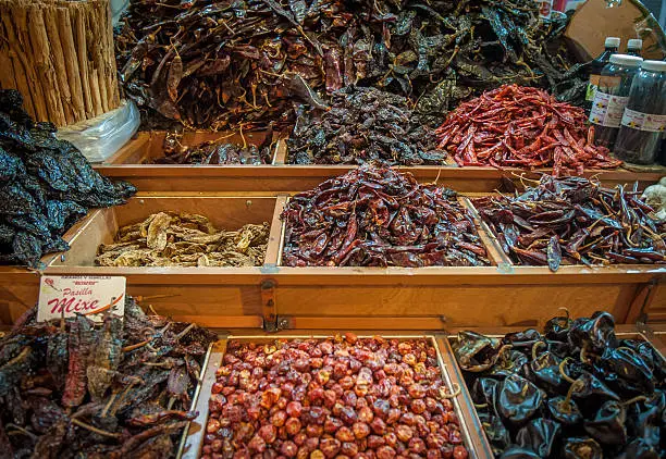 Photo of Choice of dried chili in Oaxaca market, Mexico