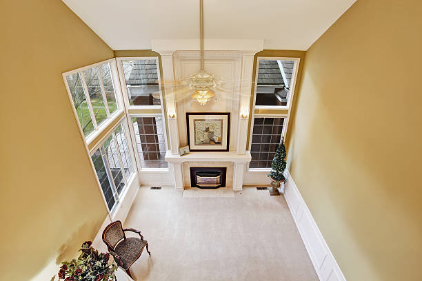 istock Luxury living room in empty house. Panoramic view 506757435