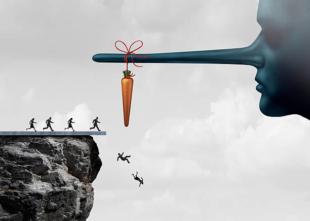 Incentive Trap Incentive trap and corrupt leader business concept as a group of people running towards a carrot tied to a liar nose only to have been tricked and fooled into fall off a cliff as a metaphor for entrapment or bait trapping in a risky economy. entrapment stock pictures, royalty-free photos & images