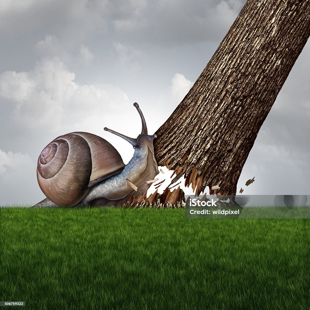 Strength Concept Strength concept as a snail pushing down a large tree trunk as a business success metaphor for the power of motivation and a symbol for confidence and courage to accomplish anything. Achievement Stock Photo