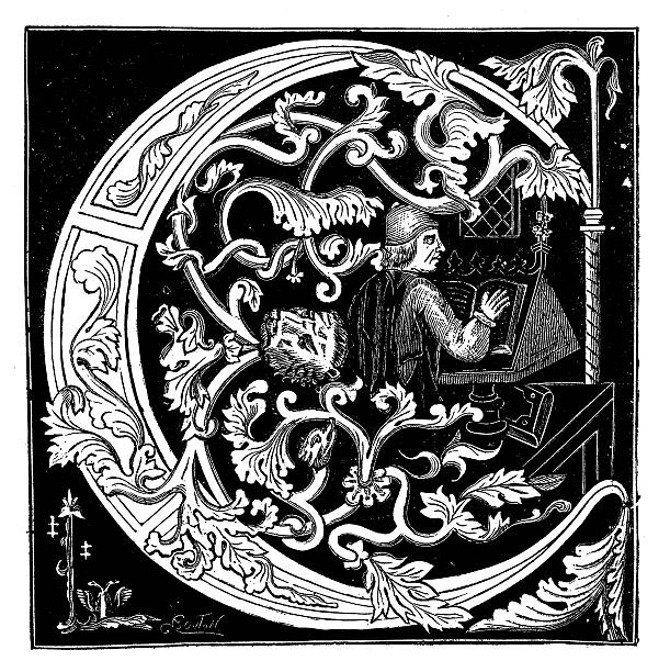 античный иллюстрация декоративный письмо c от средневековых рукопись - ornate text medieval illuminated letter engraved image stock illustrations