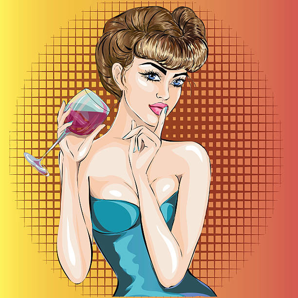 Shhh pop art sexy woman face with glass of wine Shhh pop art sexy woman face with finger on her lips and glass of wine. Pin-Up Silence Gesture hand drawn vector illustration background pics for classic pin up poses stock illustrations
