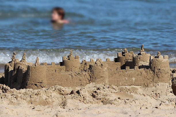 istock Image of sandcastles on beach, sand-castles made on seaside holiday 506762087
