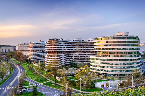 Washington DC, USA - April 11, 2015: The Watergate Complex in the Foggy Bottom District. The complex became well known in the wake of the Watergate Scandal which led to President Richard Nixon's resignation in 1974.