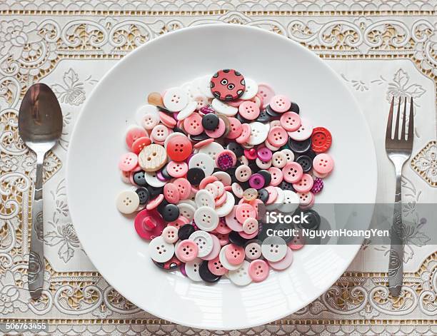 Dish Of Buttons Stock Photo - Download Image Now - Backgrounds, Button - Sewing Item, Circle