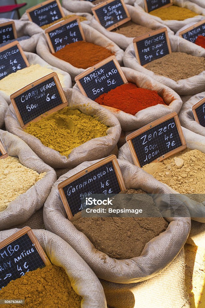 Oriental spices Differents oriental spices on canvas bags in the food street market Food Stock Photo