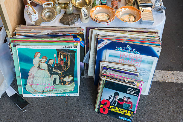 Barcelona, Spain - June 18, 2014: Vinyl records for sale in the most famous flea market in Barcelona, also known as Els Encants or Els Encants Vells, located in Glories neighborhood.