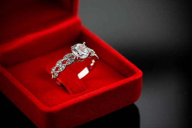 istock Wedding rings background, beautiful silver ring in red box 506764368
