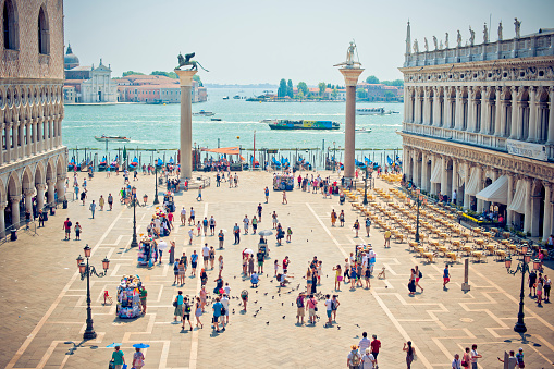 Venice, Italy - July 18, 2015: Aerial view to lots of people at Piazza San Marco in Venice, Italy
