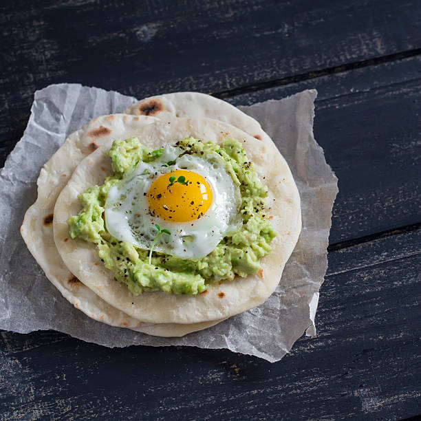 istock Homemade tortilla with mashed avocado and a fried quail egg 506785716