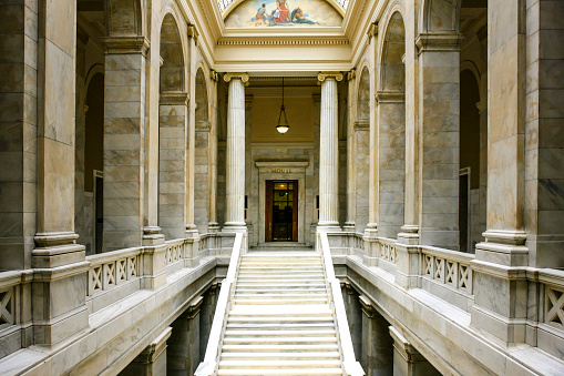 The Arkansas State Capitol building interior in Little Rock, Arkansas, USA. The Arkansas State Capitol houses the government of Arkansas and it is a public building.