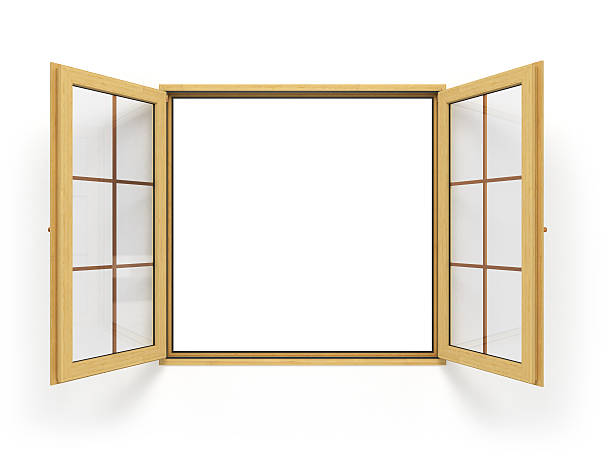 open wooden window isolated close up stock photo