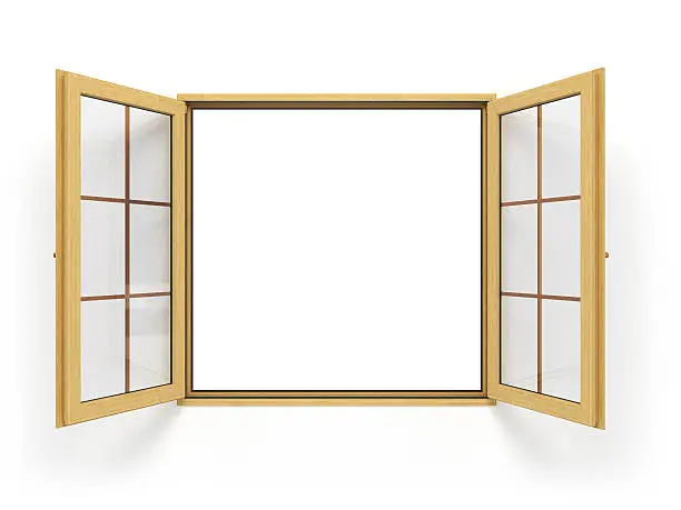 Photo of open wooden window isolated close up