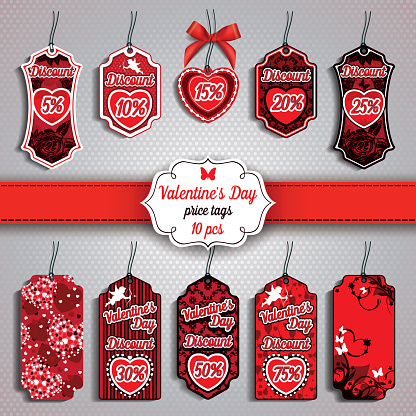 Valentine's Day set of ten Price Tags in red colors.
